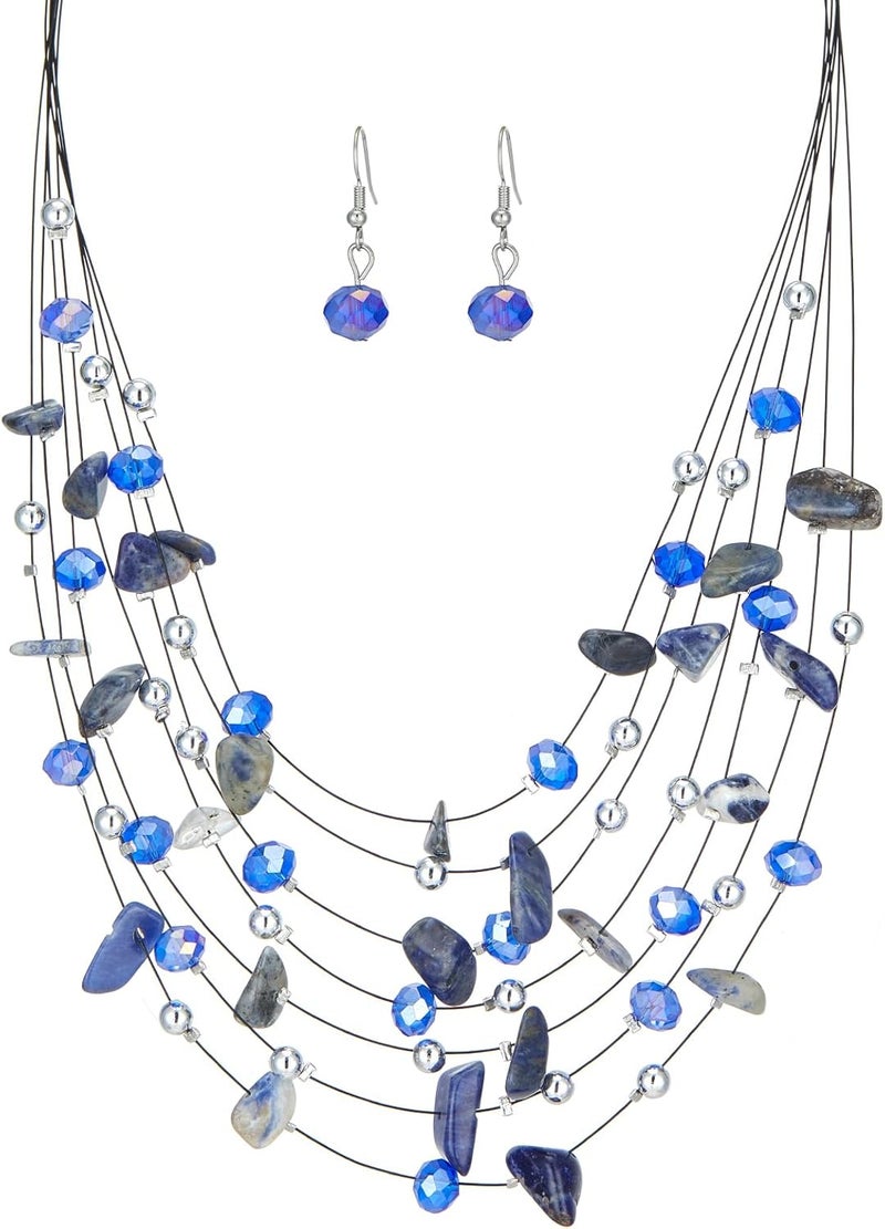 Errally Store Multi-Layer Boho Shell Beaded Necklace for Women Colorful Crystal Strand with Silver Beads Statement Collars Necklace and Earrings Costumes Jewelry Sets for Women - Image 1